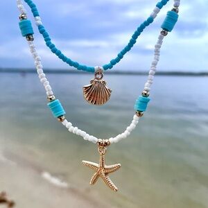 Gold and Turquoise Shell and Starfish Necklace Set